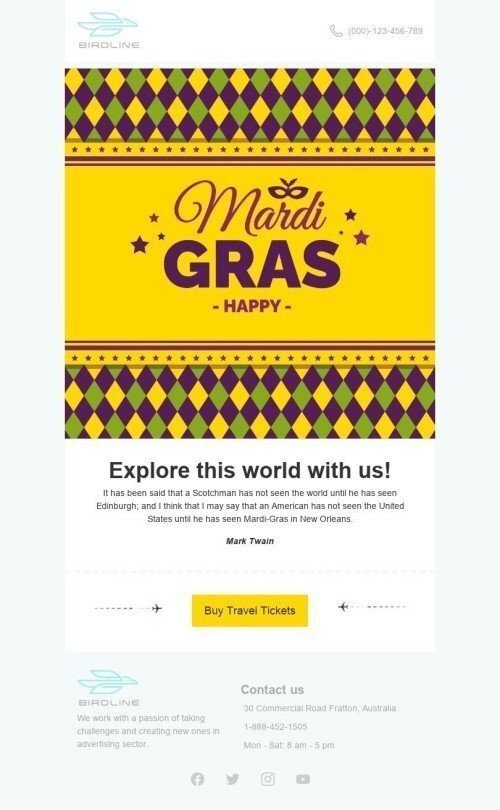 Mardi Gras Email Template «Buy travel tickets» for Travel industry desktop view