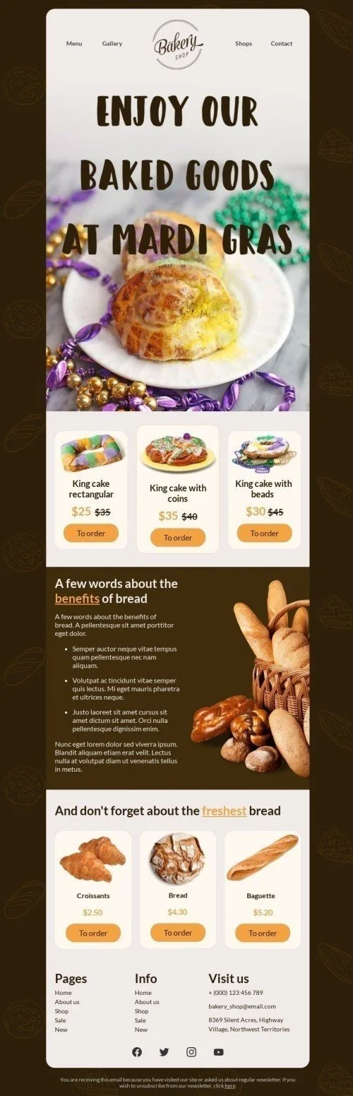 Mardi Gras Email Template «Enjoy our baked goods» for Food industry