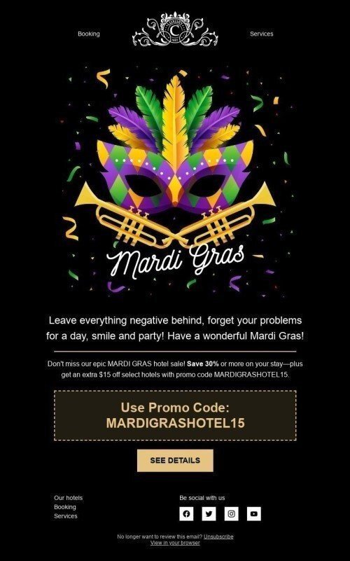 Mardi Gras Email Template "Coupon to our hotel" for Hotels industry desktop view