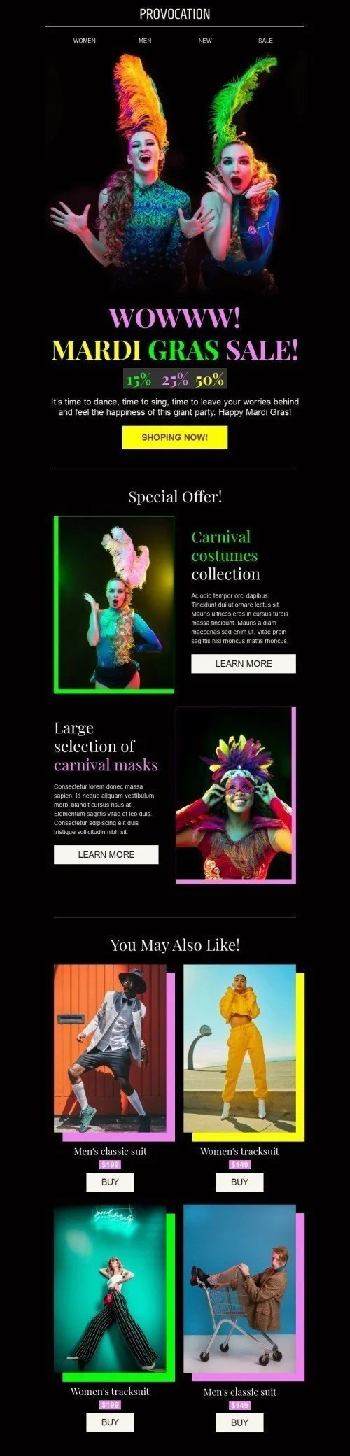 Mardi Gras Email Template "Mardi Gras Sale" for Fashion industry