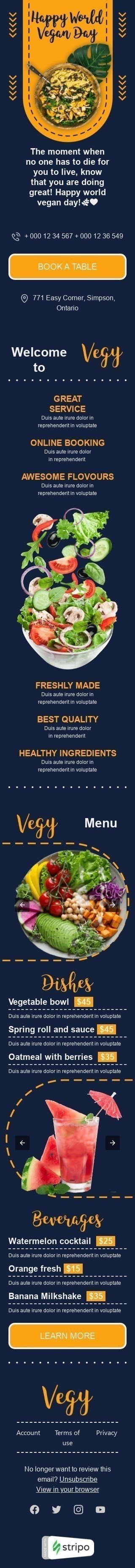 Plantilla de correo electrónico «Restaurante vegano» de Día mundial del vegano para la industria de Restaurantes Vista de móvil