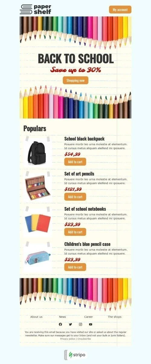 Back to School Email Template «Paper shelf» for Books & Presents & Stationery industry