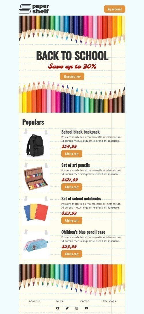 Back to School Email Template «Paper shelf» for Books & Presents & Stationery industry mobile view