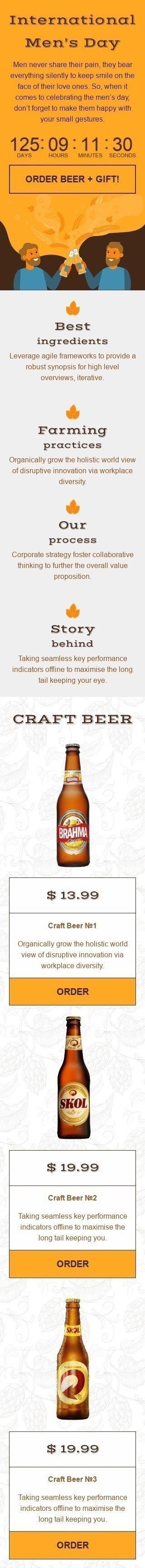 Modèle de courrier électronique Journée internationale des hommes «Bière et burger» pour le secteur Boissons Affichage mobile