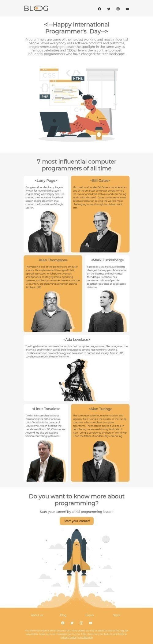 Internationaler Tag der Programmierer E-Mail-Vorlage «Starten Sie Ihre Karriere» für Publikationen und Blogs-Branche Ansicht auf Mobilgeräten