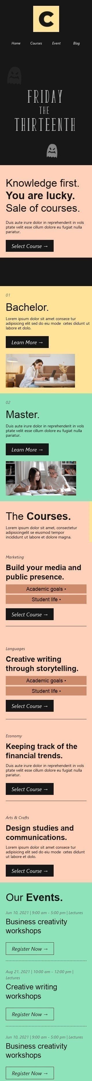 Freitag der 13. E-Mail-Vorlage «Wissen zuerst» für Unterricht & Bildung-Branche Ansicht auf Mobilgeräten