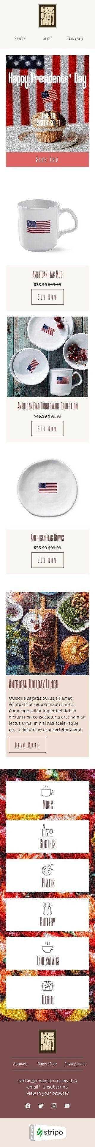 Modello Email Giorno dei presidenti «Collezione di stoviglie con bandiera americana» per il settore industriale di Arredamento, interni e fai da te Visualizzazione mobile