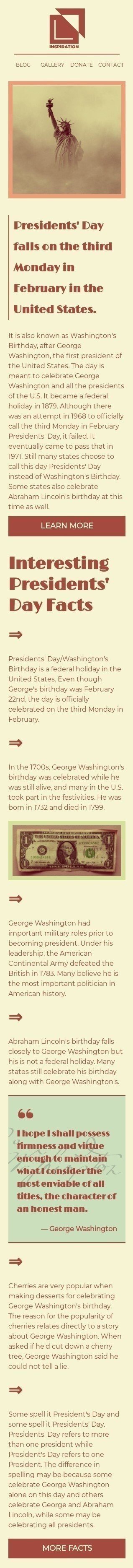 Modello Email Giorno dei presidenti «Il compleanno di Washington» per il settore industriale di Editoria e blog Visualizzazione mobile