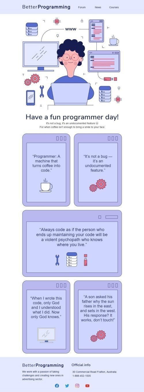 Modèle de courrier électronique Journée internationale des programmeurs «Meilleure programmation» pour le secteur Publications & Blogging Affichage ordinateur