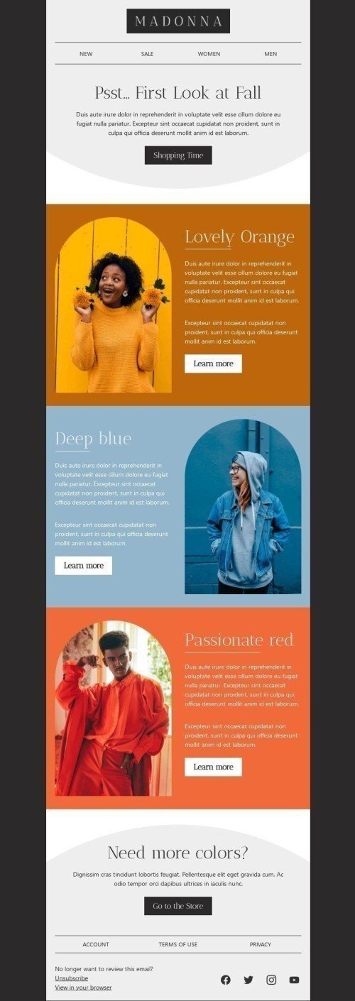 Modello Email Primo giorno d'autunno «Primo sguardo all'autunno» per il settore industriale di Moda Visualizzazione desktop