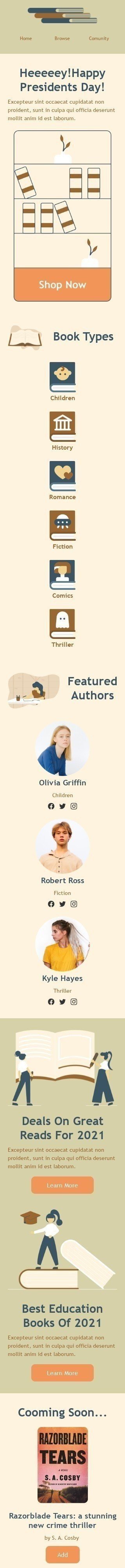 Tag der Präsidenten E-Mail-Vorlage «Ausgewählte Autoren» für Bücher & Geschenke & Schreibwaren-Branche Ansicht auf Mobilgeräten