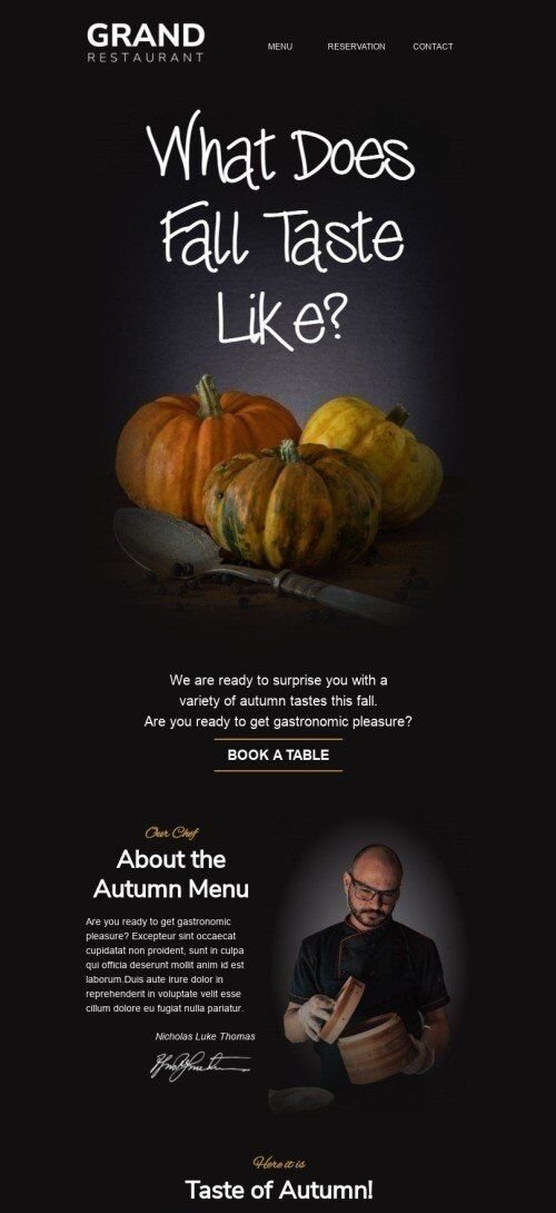 Шаблон листа до свята Перший день осені «Який смак у осені?» для індустрії «Ресторани» мобільний вигляд
