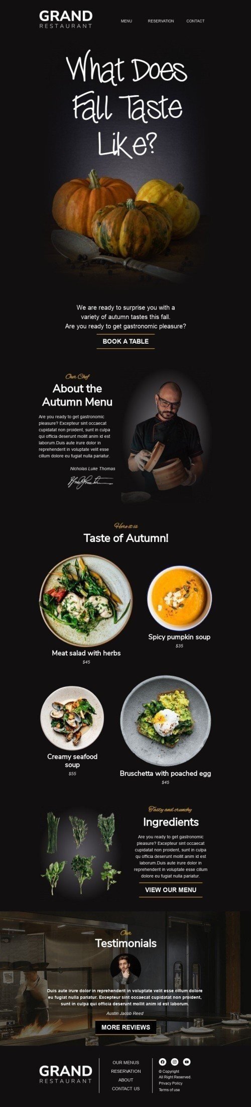 Шаблон листа до свята Перший день осені «Який смак у осені?» для індустрії «Ресторани» мобільний вигляд