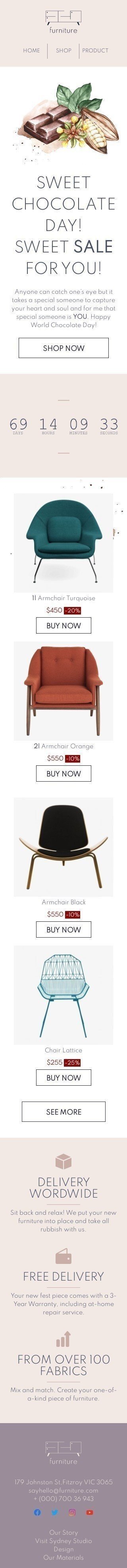 Der internationale Tag der Schokolade E-Mail-Vorlage «Süßer Verkauf für dich» für Möbel, Innenausstattung & DIY-Branche Ansicht auf Mobilgeräten