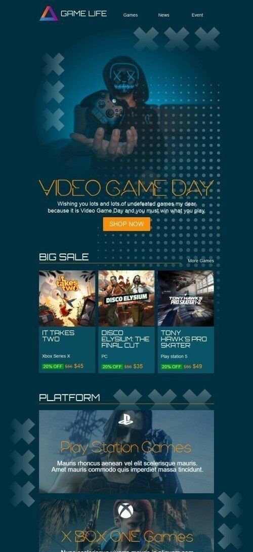 Шаблон листа до свята День відеоігор «Game life » для індустрії «ПЗ та Технології» мобільний вигляд