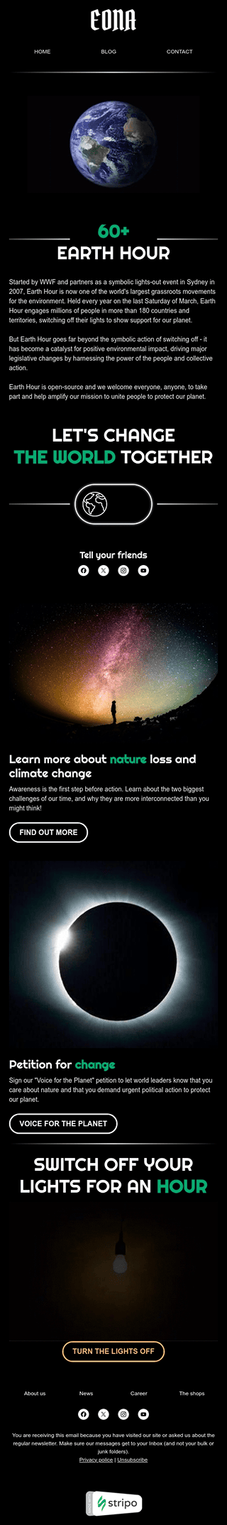 Modèle de courrier électronique Heure de la Terre «Éteignez les lumières» pour le secteur Association à but non lucratif et caritative Affichage mobile