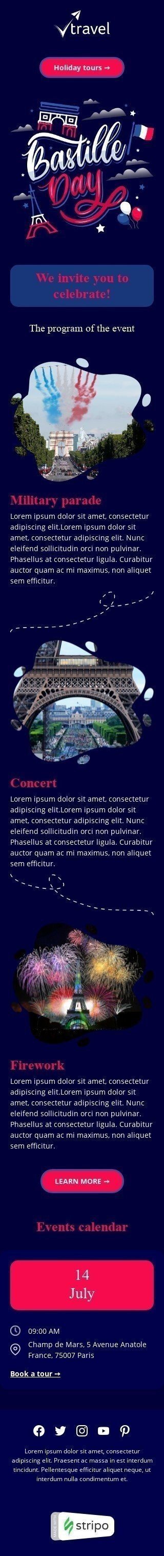 Modello Email Il Giorno della Bastiglia «Festeggia con noi» per il settore industriale di Turismo Visualizzazione mobile