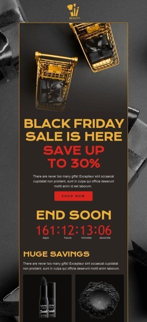 Black Friday E-Mail-Vorlage «Riesige Einsparungen» für Beauty & Pflege-Branche Ansicht auf Mobilgeräten