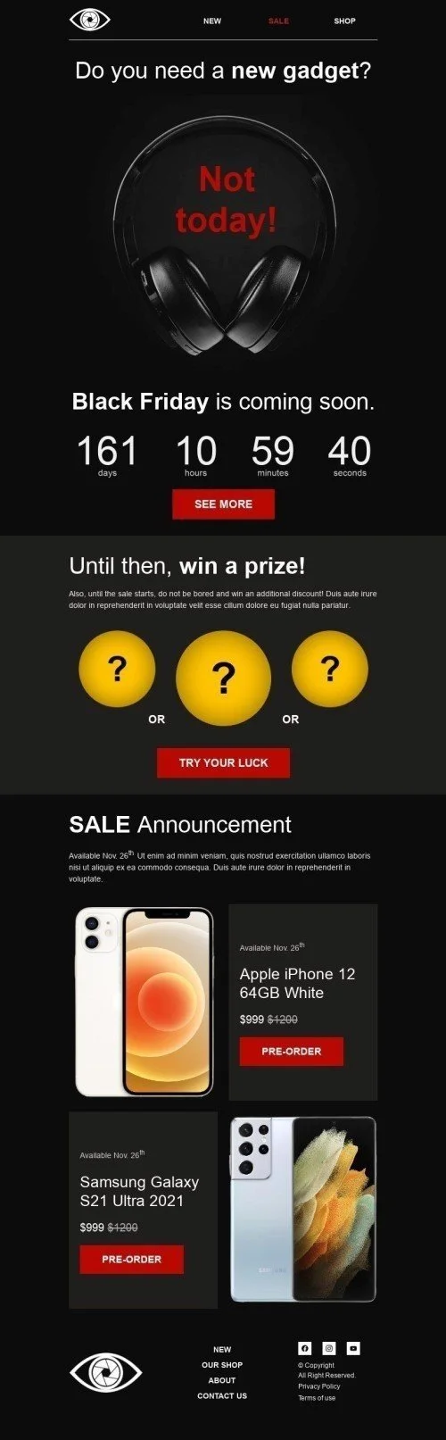 Black Friday Email Template "Win a prize" for Gadgets industry