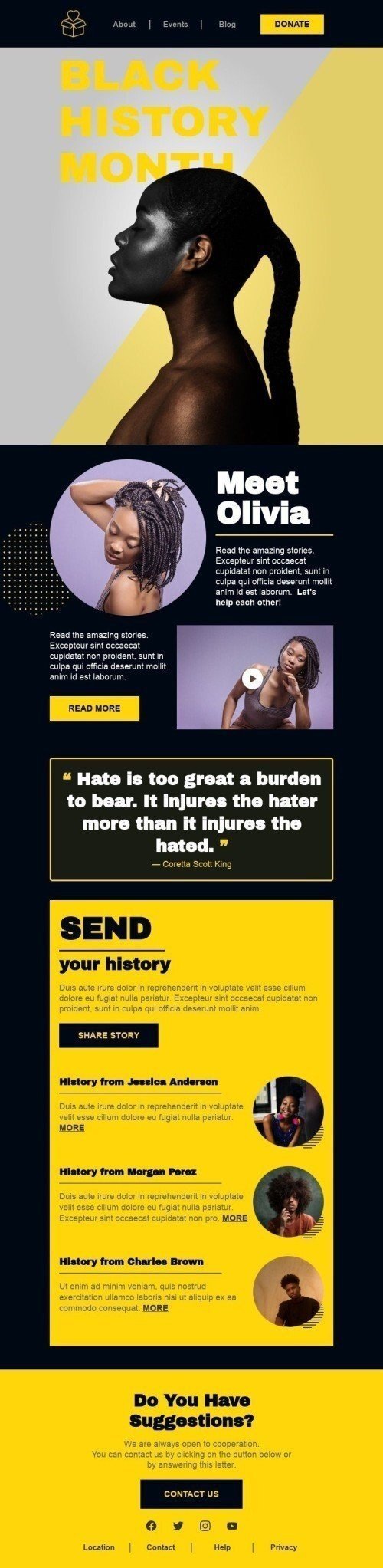Modelo de E-mail de «Conheça a Olivia» de Mês da história negra para a indústria de Sem fins lucrativos e caridade Visualização de dispositivo móvel