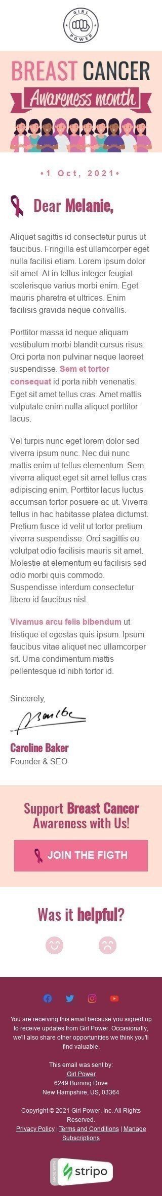 Modello Email Il mese di sensibilizzazione sul cancro al seno «Sostieni il cancro al seno» per il settore industriale di No profit e beneficenza Visualizzazione mobile