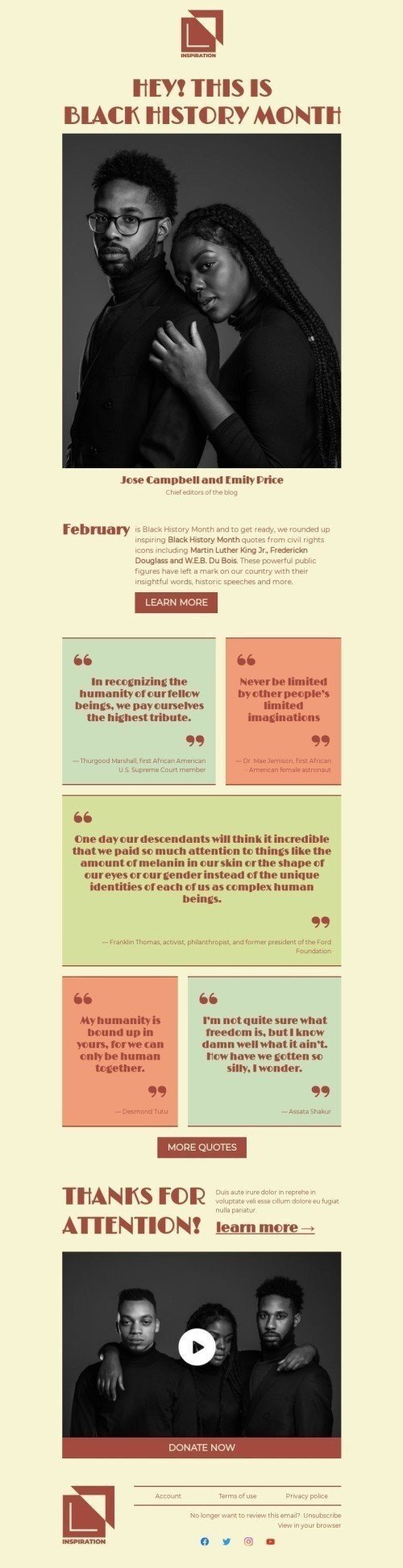 Modello Email Mese della storia nera «Citazioni ispiratrici» per il settore industriale di Editoria e blog Visualizzazione desktop