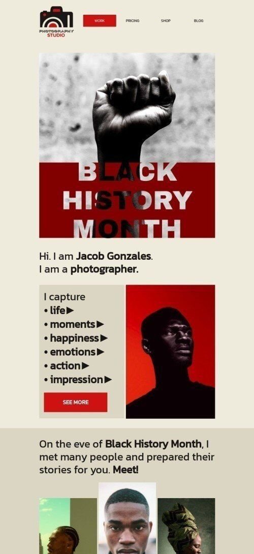 Plantilla de correo electrónico «El trabajo del fotógrafo» de Mes negro de la historia para la industria de Fotografía Vista de móvil