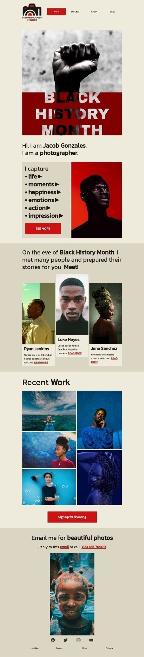 Black History Month Email Template «The work of the photographer» for Photographer industrydesktop view