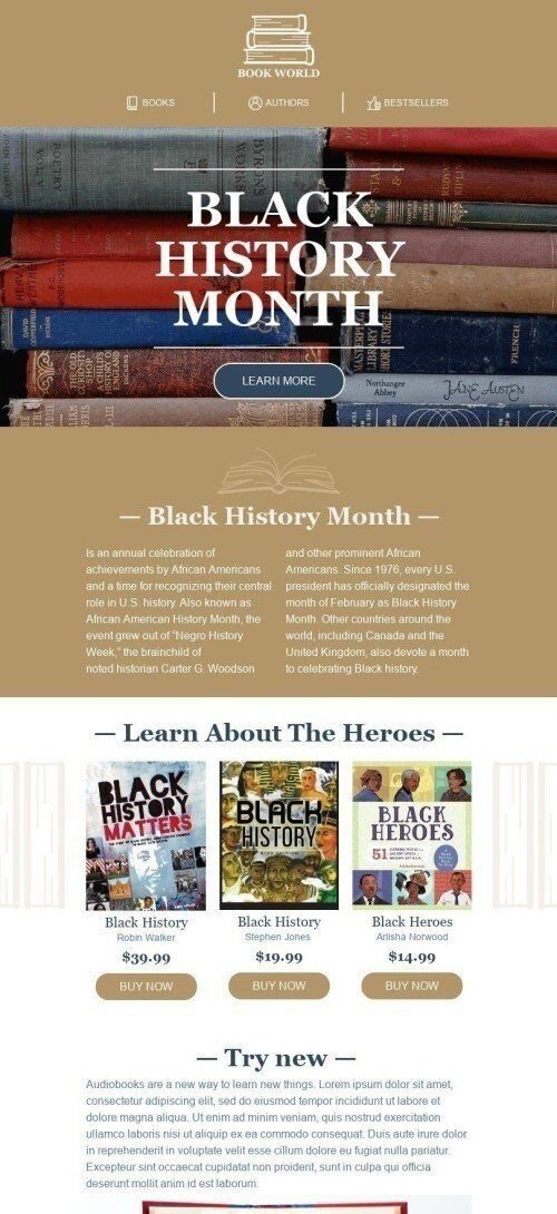 Modèle de courrier électronique Le mois de l'histoire noire «Héros noirs» pour le secteur Livres & Cadeaux & Papeteries Affichage mobile