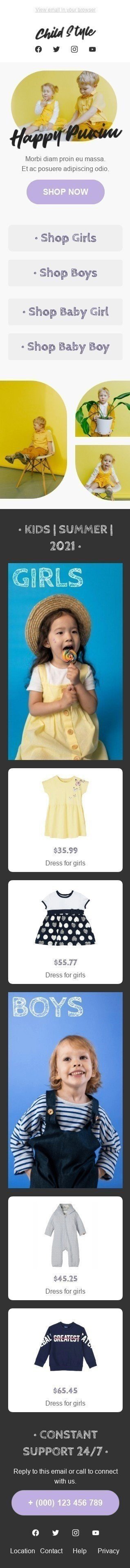 Modelo de E-mail de «Estilo Infantil» de Purim para a indústria de Artigos para crianças Visualização de dispositivo móvel