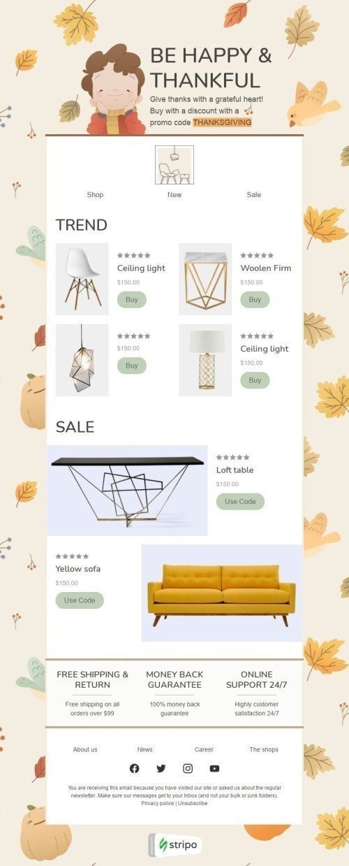 Thanksgiving Day Email Template «Be happy & thankful» for Furniture, Interior & DIY industrydesktop view