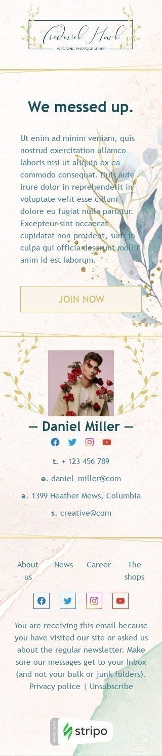 Apology Email Template «Wedding florist» for Gifts & Flowers industry mobile view