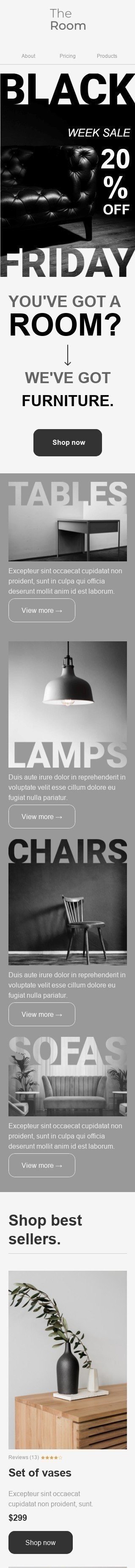 Modelo de E-mail de «Você tem um quarto?» de Black Friday para a indústria de Móveis, Decoração e DIY Visualização de dispositivo móvel