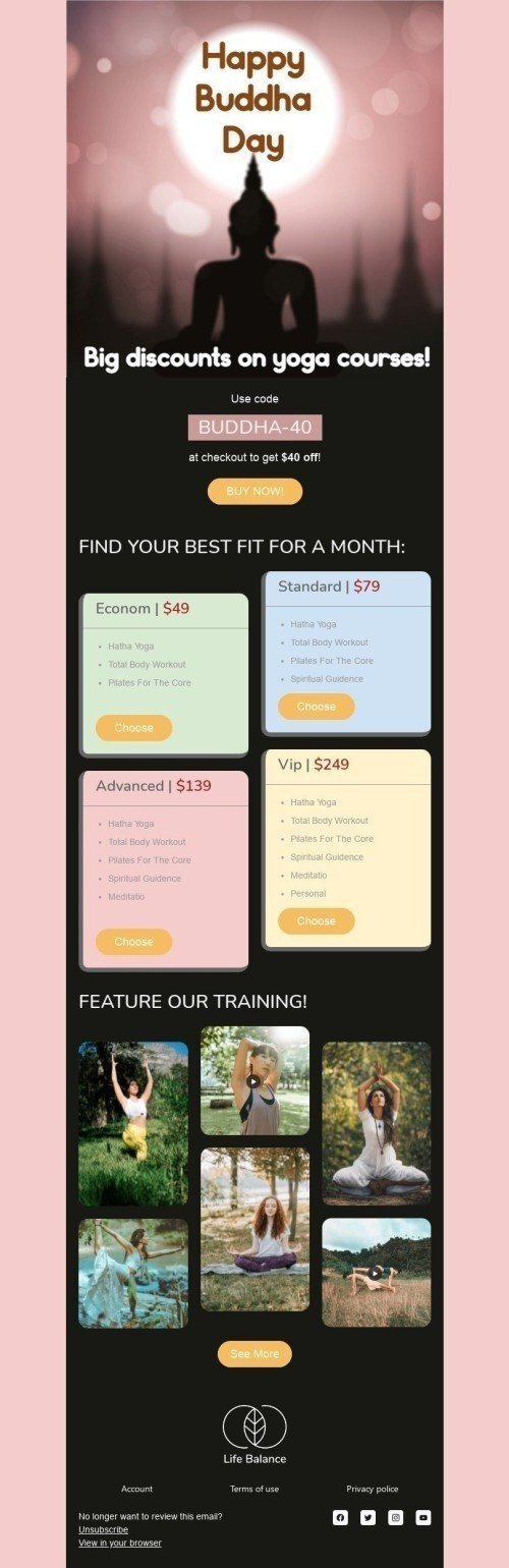 Modelo de E-mail de «Cursos de ioga» de Dia de Buda para a indústria de Esportes Visualização de dispositivo móvel