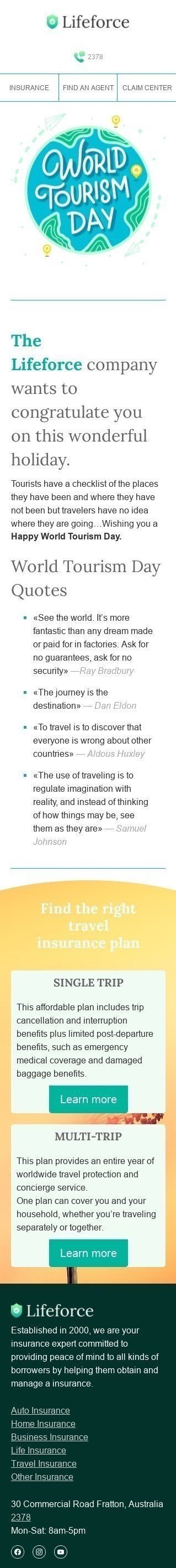 Modèle de courrier électronique Journée mondiale du tourisme «Voir le monde» pour le secteur Assurance Affichage mobile