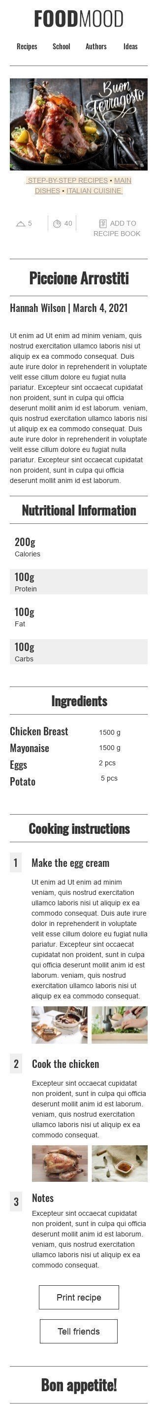 Ferragosto E-Mail-Vorlage «Schritt-für-Schritt-Rezepte» für Essen-Branche Ansicht auf Mobilgeräten