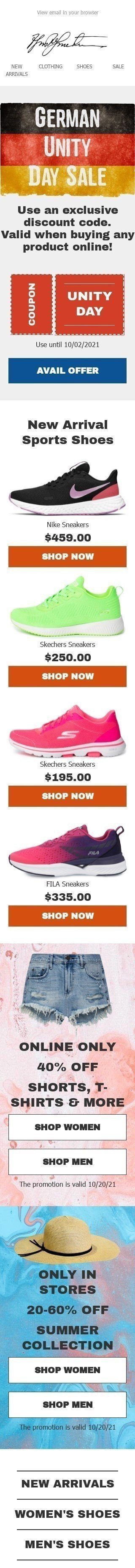 Plantilla de correo electrónico «Zapatos deportivos» de Día de la Unidad Alemana para la industria de Moda Vista de móvil