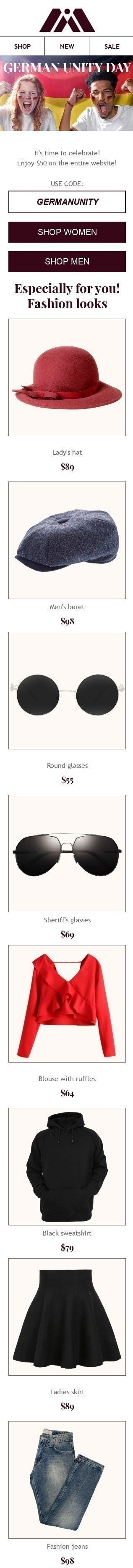 Tag der Deutschen Einheit E-Mail-Vorlage «Besonders für dich» für Mode-Branche Ansicht auf Mobilgeräten