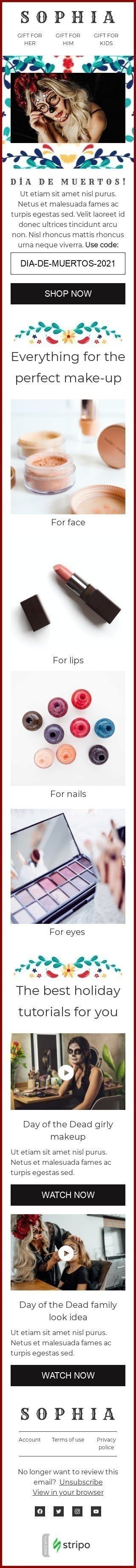 Шаблон листа до свята День мертвих «Ідеальний макіяж» для індустрії «Косметика» мобільний вигляд