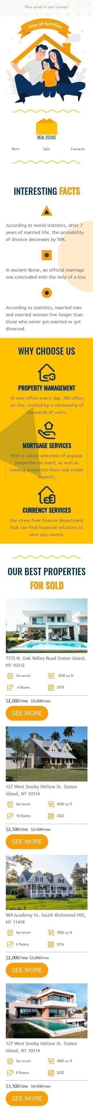 Internationaler Tag der Familie E-Mail-Vorlage «Für verkauft» für Immobilien-Branche Ansicht auf Mobilgeräten
