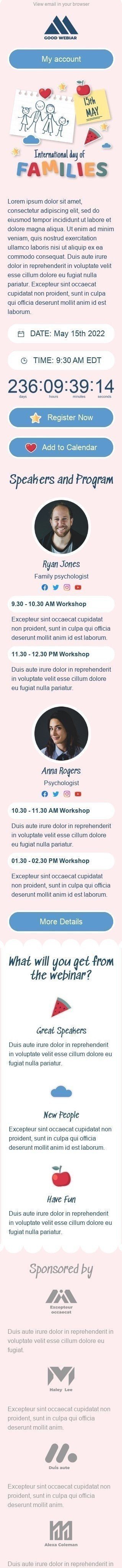 Modello Email Giornata Internazionale delle Famiglie «Psicologo di famiglia» per il settore industriale di Webinar Visualizzazione mobile