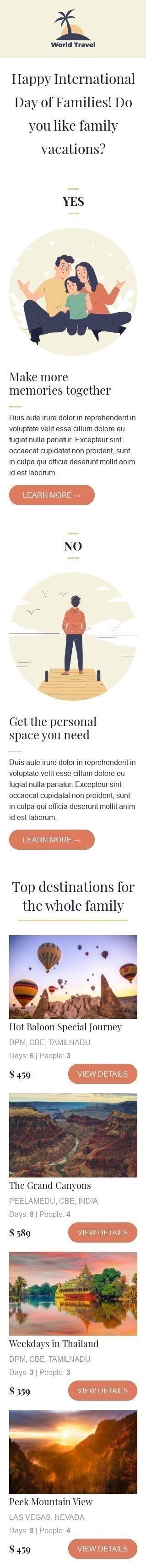 Шаблон письма к празднику Международный день семей «Вам нравится семейный отдых?» для индустрии «Туризм» мобильный вид