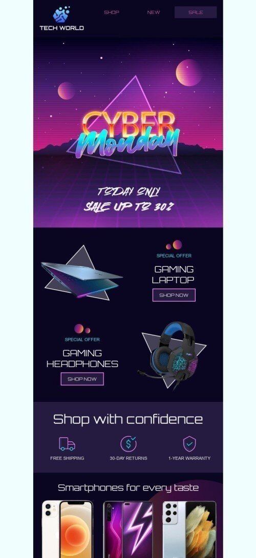 Modelo de E-mail de «Compre com confiança» de Cyber Monday para a indústria de Gadgets Visualização de dispositivo móvel