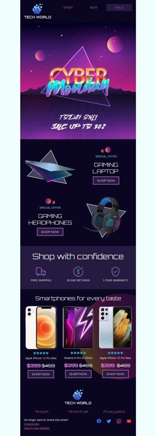 Cyber Monday Email Template «Shop with confidence» for Gadgets industry mobile view