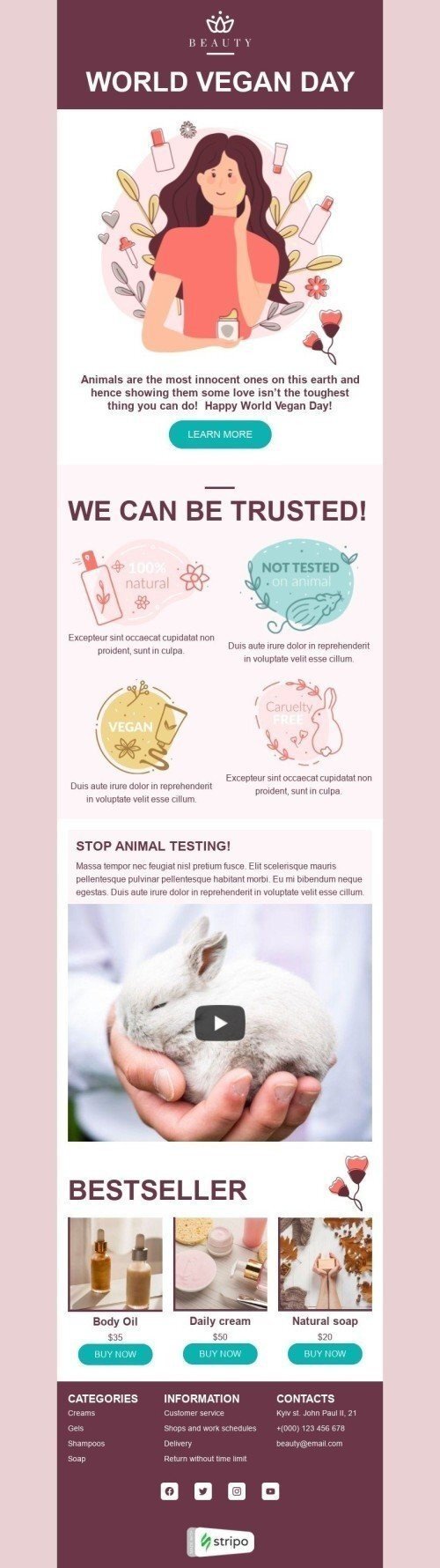 Modello Email Giornata Mondiale Vegan «Non testato su animali» per il settore industriale di Bellezza e cura della persona Visualizzazione mobile