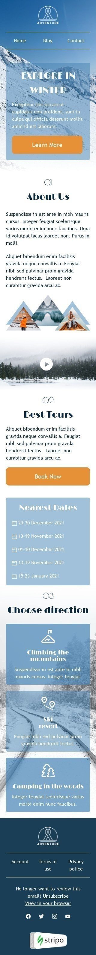 Plantilla de correo electrónico «Explora en invierno» de Invierno para la industria de Turismo Vista de móvil