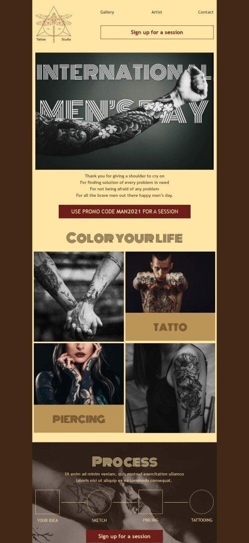 Plantilla de correo electrónico «Estudio de tatuajes» de Día Internacional del Hombre para la industria de Belleza y cuidado personal Vista de móvil