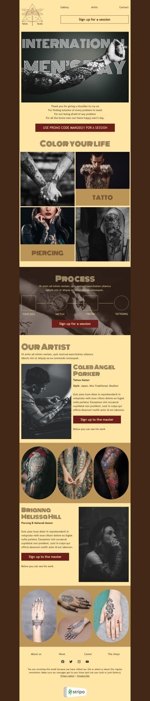 Modèle de courrier électronique Journée internationale des hommes «Atelier de tatouage» pour le secteur Beauté & Soins Affichage mobile