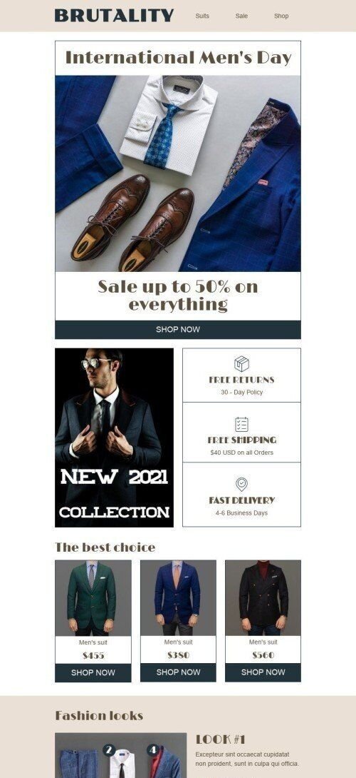 Modelo de E-mail de «Ternos masculinos» de Dia Internacional do Homem para a indústria de Moda Visualização de dispositivo móvel