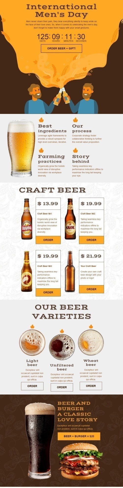 Modèle de courrier électronique Journée internationale des hommes «Bière et burger» pour le secteur Boissons Affichage ordinateur